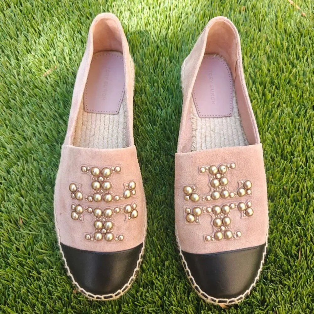 NEW TORY BURCH Pearl Logo Suede Espadrille In Pink